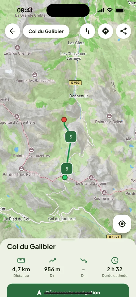 Fiche d'une sortie enregistrée : la trace sur la carte, distance, dénivelé et durée estimée